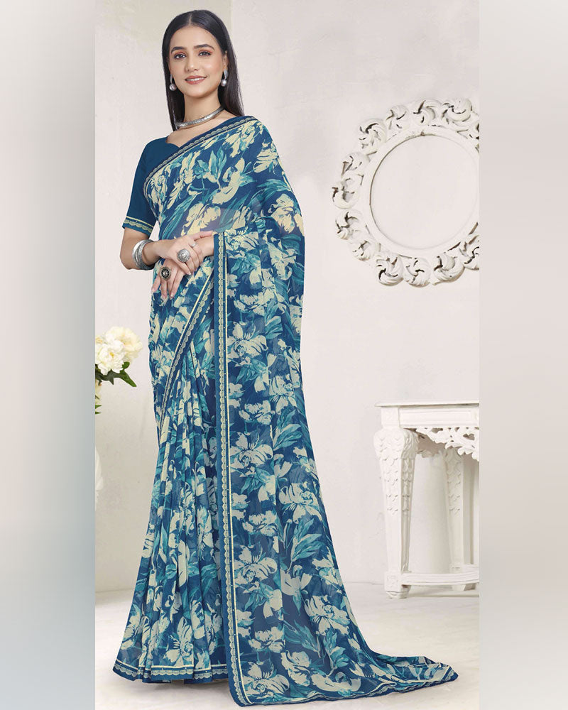 Vishal Prints Light Navy Blue Printed Georgette Saree With Fancy Border