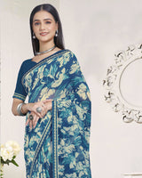 Vishal Prints Light Navy Blue Printed Georgette Saree With Fancy Border