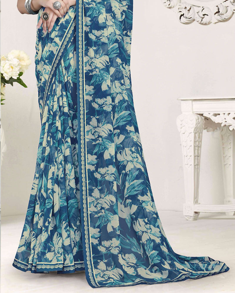 Vishal Prints Light Navy Blue Printed Georgette Saree With Fancy Border