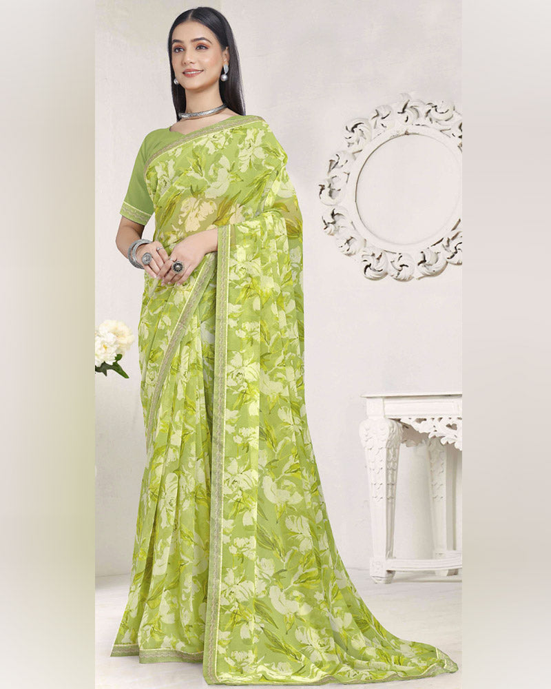 Vishal Prints Light Olive Green Printed Georgette Saree With Fancy Border