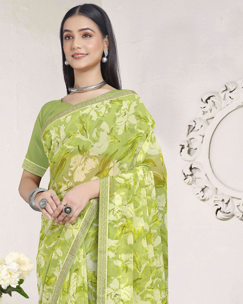 Vishal Prints Light Olive Green Printed Georgette Saree With Fancy Border