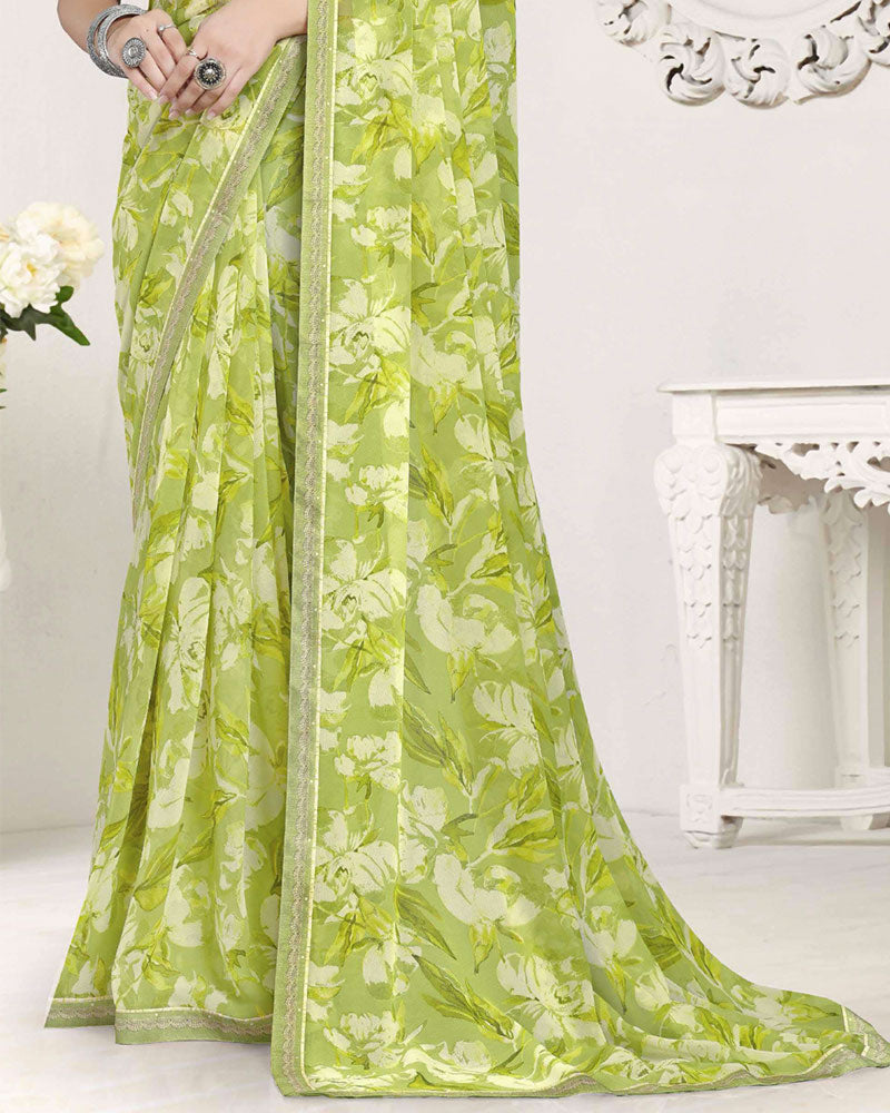 Vishal Prints Light Olive Green Printed Georgette Saree With Fancy Border