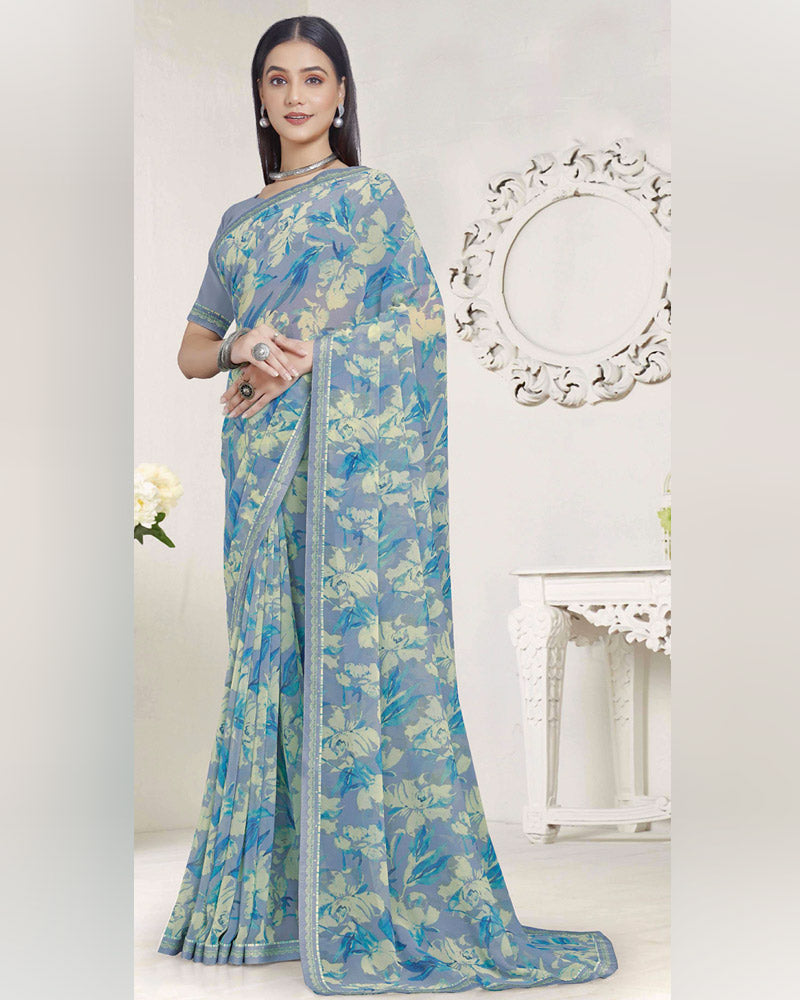 Vishal Prints Silver Grey Printed Georgette Saree With Fancy Border