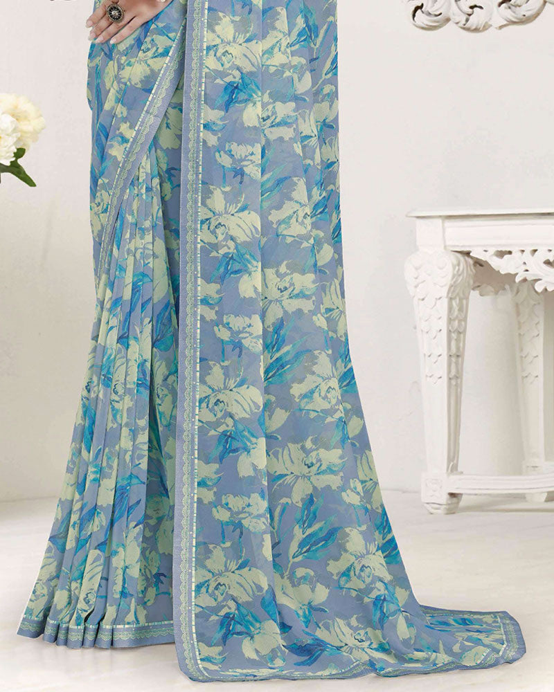 Vishal Prints Silver Grey Printed Georgette Saree With Fancy Border
