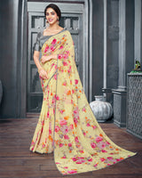 Vishal Prints Pastel Yellow Digital Printed Organza Saree With Diamond Piping
