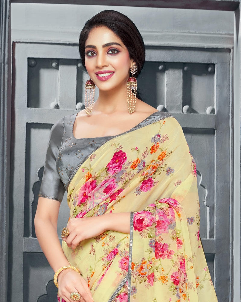 Vishal Prints Pastel Yellow Digital Printed Organza Saree With Diamond Piping