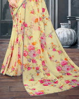Vishal Prints Pastel Yellow Digital Printed Organza Saree With Diamond Piping