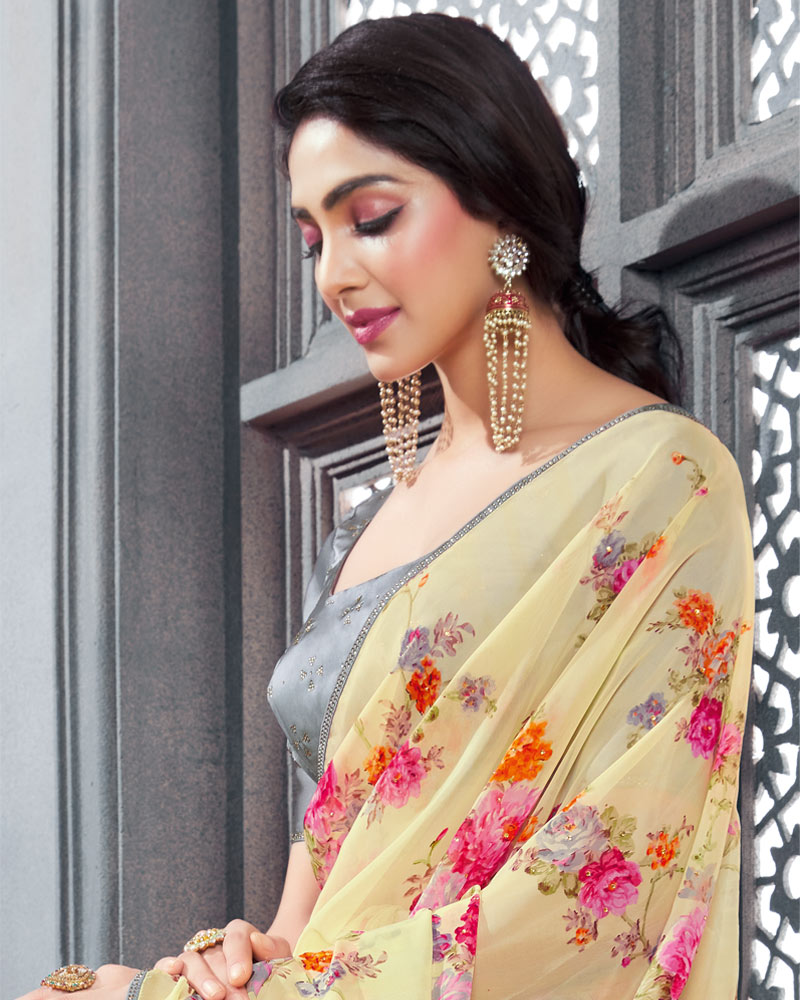 Vishal Prints Pastel Yellow Digital Printed Organza Saree With Diamond Piping