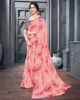 Vishal Prints Pink Digital Printed Organza Saree With Diamond Piping
