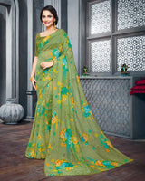Vishal Prints Olive Green Digital Printed Organza Saree With Diamond Piping