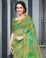 Vishal Prints Olive Green Digital Printed Organza Saree With Diamond Piping