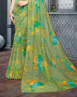 Vishal Prints Olive Green Digital Printed Organza Saree With Diamond Piping