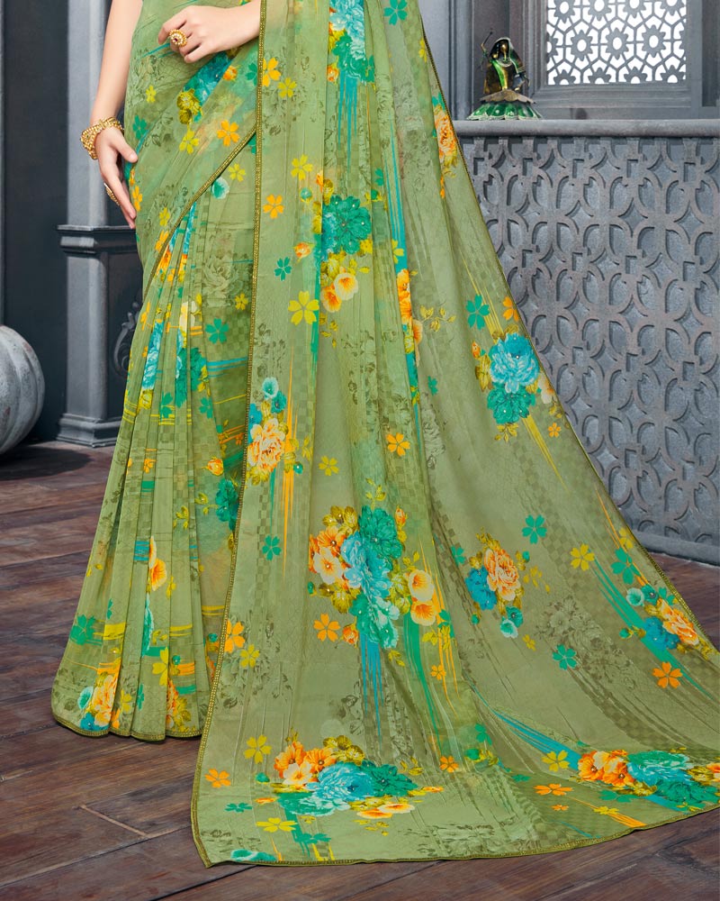 Vishal Prints Olive Green Digital Printed Organza Saree With Diamond Piping