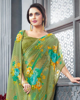 Vishal Prints Olive Green Digital Printed Organza Saree With Diamond Piping