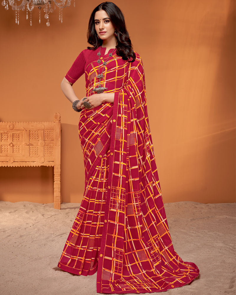 Vishal Prints Brick Red Printed Georgette Saree With Fancy Border