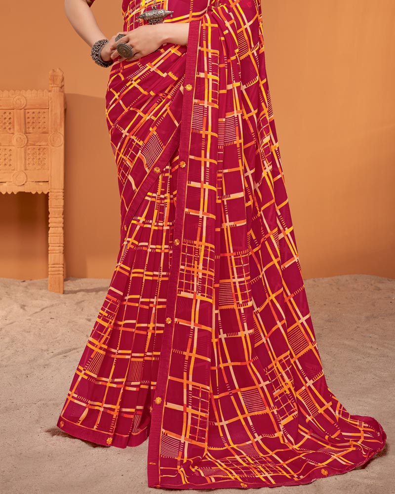 Vishal Prints Brick Red Printed Georgette Saree With Fancy Border