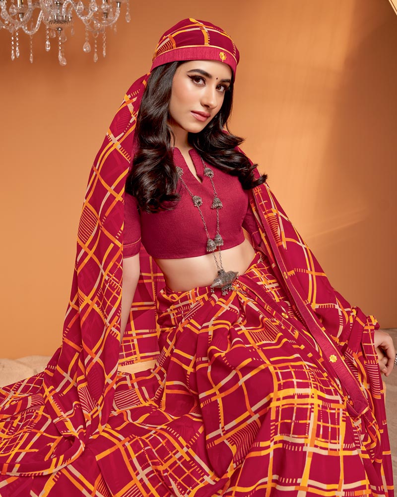 Vishal Prints Brick Red Printed Georgette Saree With Fancy Border