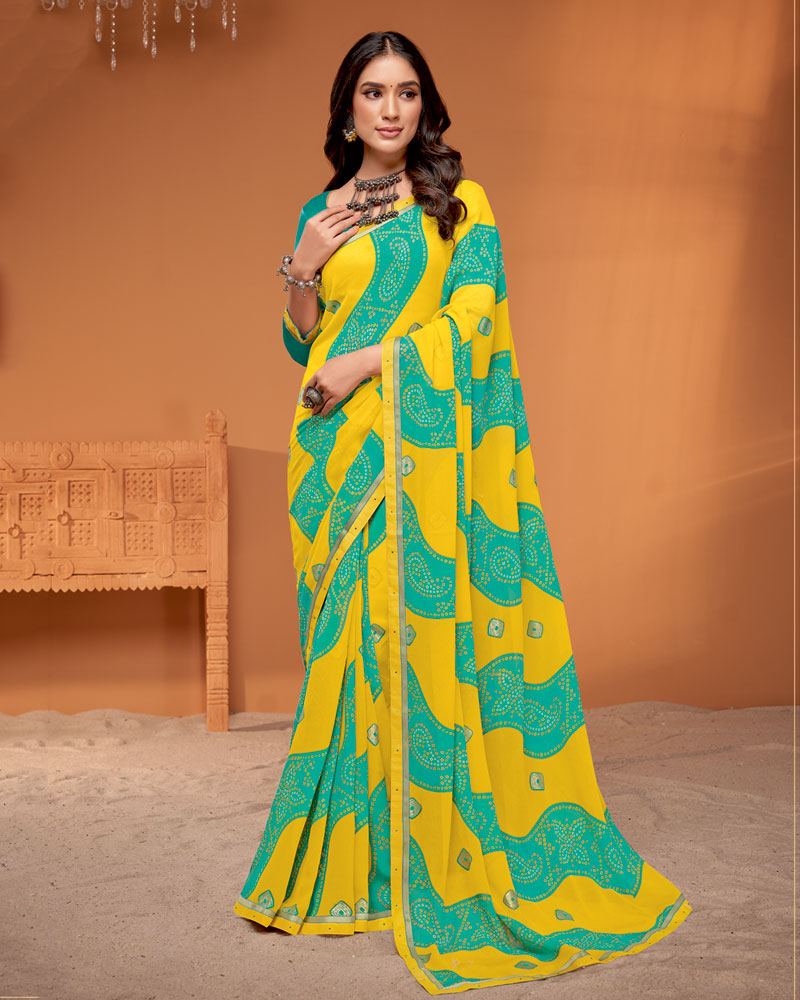 Vishal Prints Bright Yellow Printed Georgette Saree With Foil Print And Fancy Border