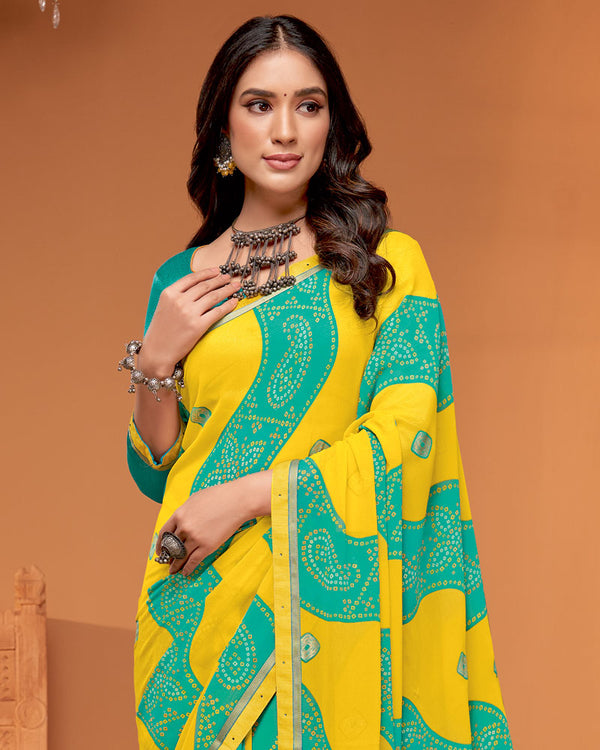 Vishal Prints Bright Yellow Printed Georgette Saree With Foil Print And Fancy Border