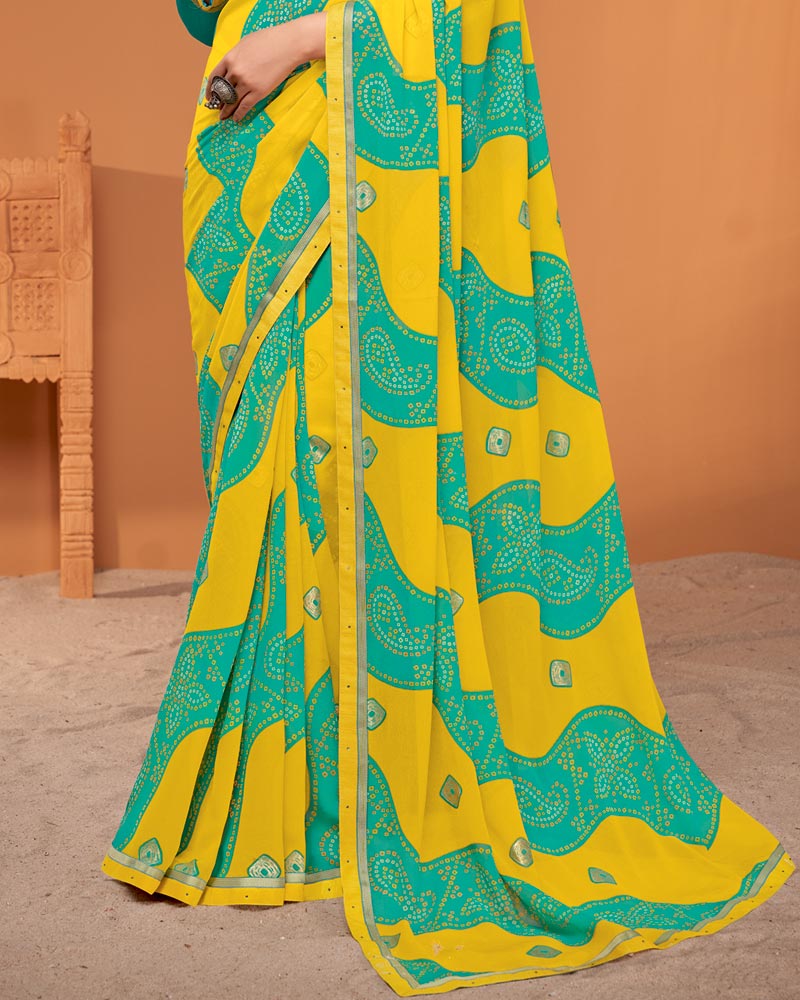 Vishal Prints Bright Yellow Printed Georgette Saree With Foil Print And Fancy Border