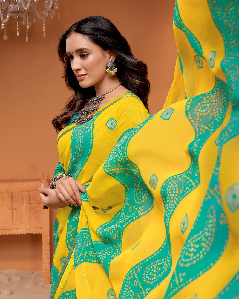 Vishal Prints Bright Yellow Printed Georgette Saree With Foil Print And Fancy Border