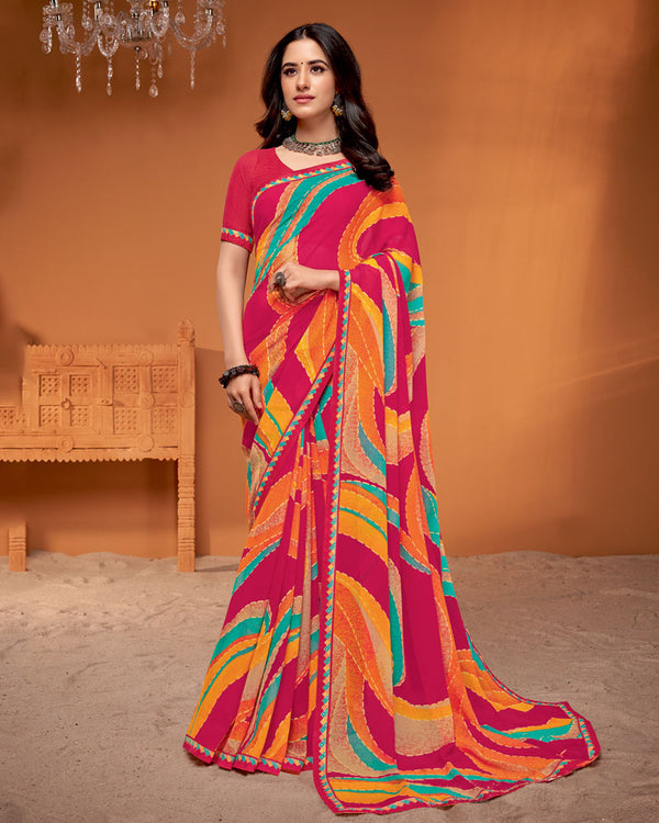 Vishal Prints Debian Red Printed Georgette Saree With Fancy Border