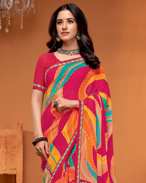Vishal Prints Debian Red Printed Georgette Saree With Fancy Border