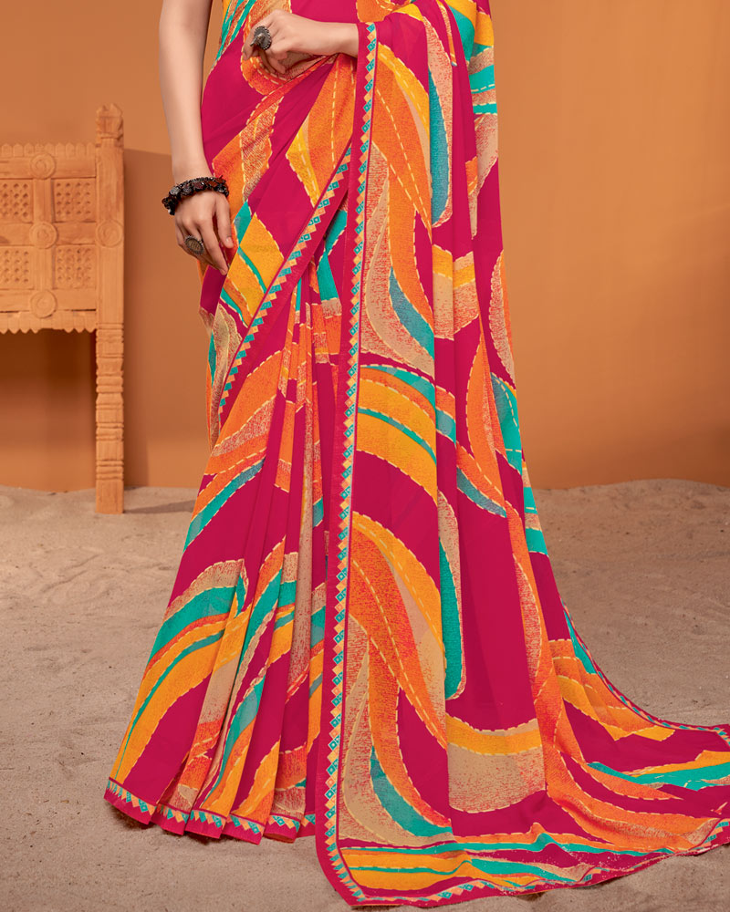 Vishal Prints Debian Red Printed Georgette Saree With Fancy Border