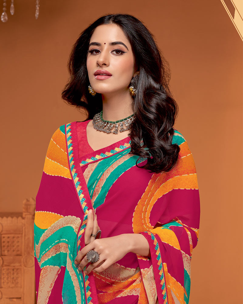 Vishal Prints Debian Red Printed Georgette Saree With Fancy Border