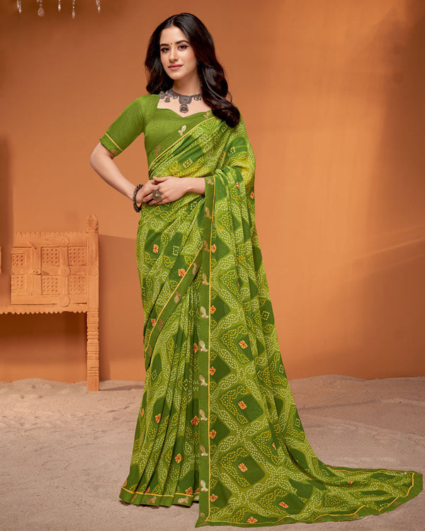 Vishal Prints Olive Green Printed Georgette Saree With Fancy Border