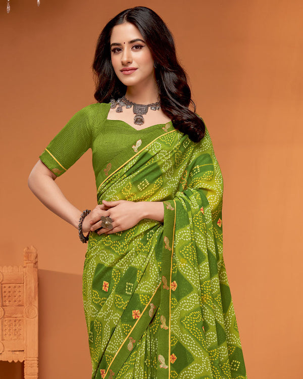 Vishal Prints Olive Green Printed Georgette Saree With Fancy Border