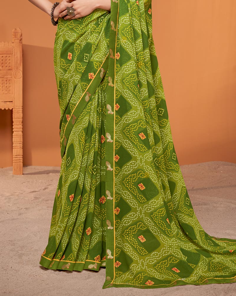 Vishal Prints Olive Green Printed Georgette Saree With Fancy Border