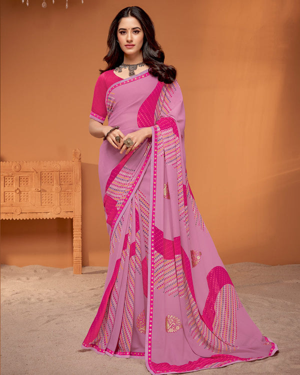 Vishal Prints Dusty Pink Printed Georgette Saree With Foil Print And Fancy Border