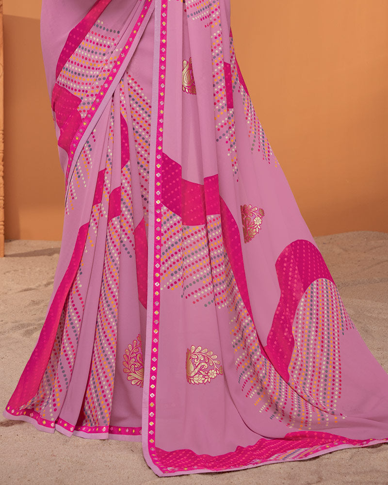 Vishal Prints Dusty Pink Printed Georgette Saree With Foil Print And Fancy Border