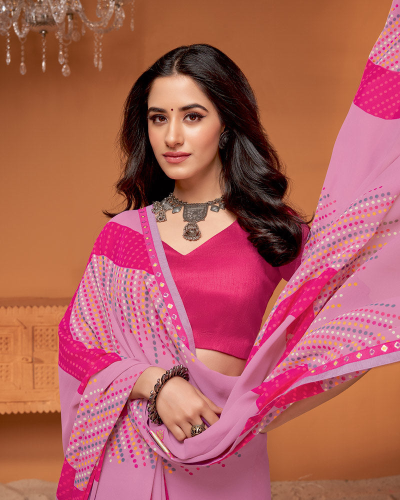 Vishal Prints Dusty Pink Printed Georgette Saree With Foil Print And Fancy Border
