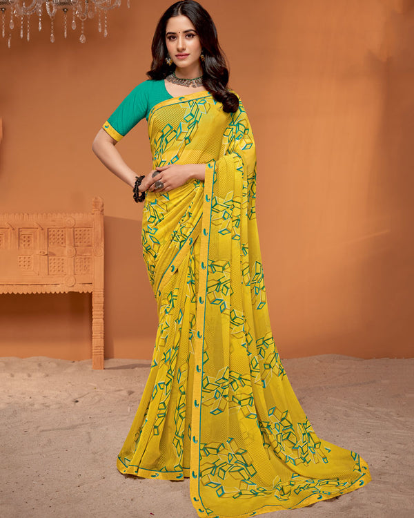 Vishal Prints Sunglow Yellow Printed Georgette Saree With Fancy Border