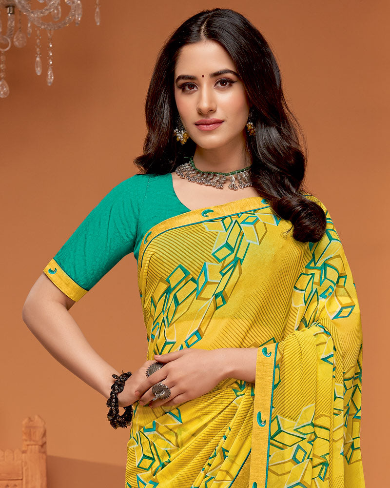 Vishal Prints Sunglow Yellow Printed Georgette Saree With Fancy Border