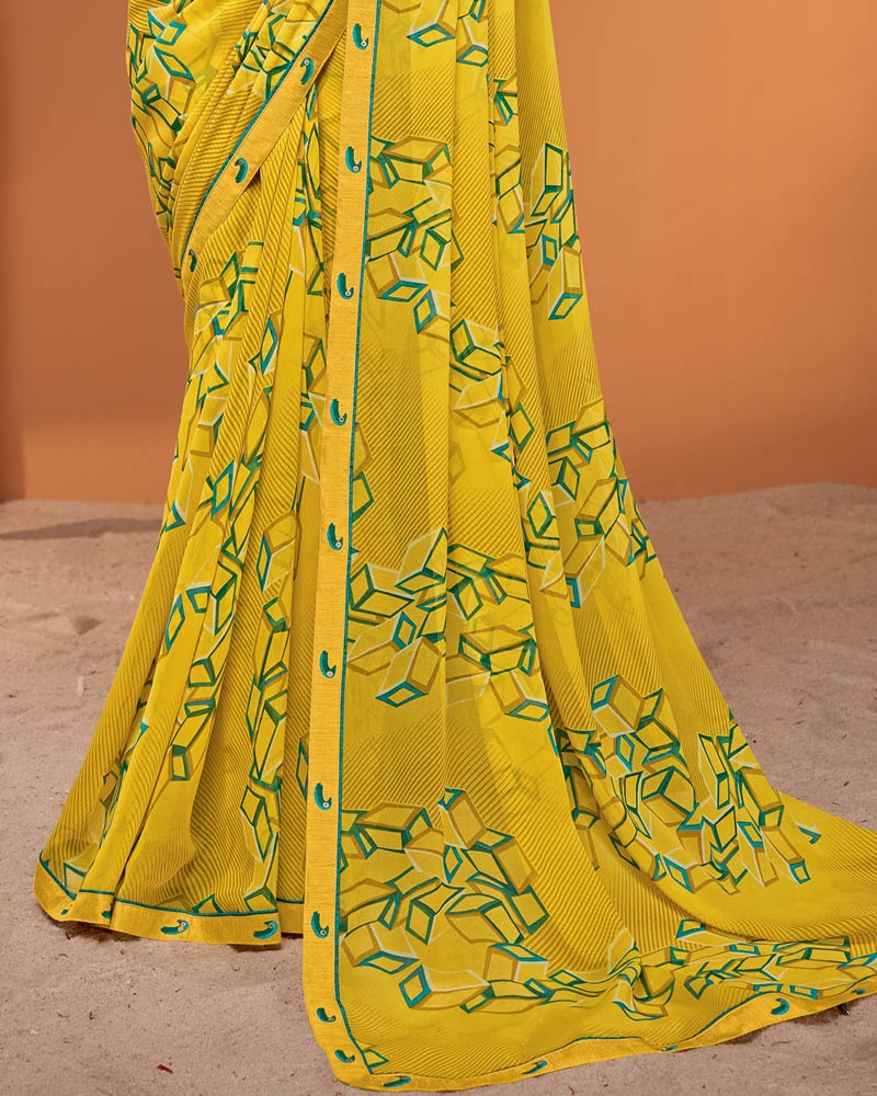 Vishal Prints Sunglow Yellow Printed Georgette Saree With Fancy Border