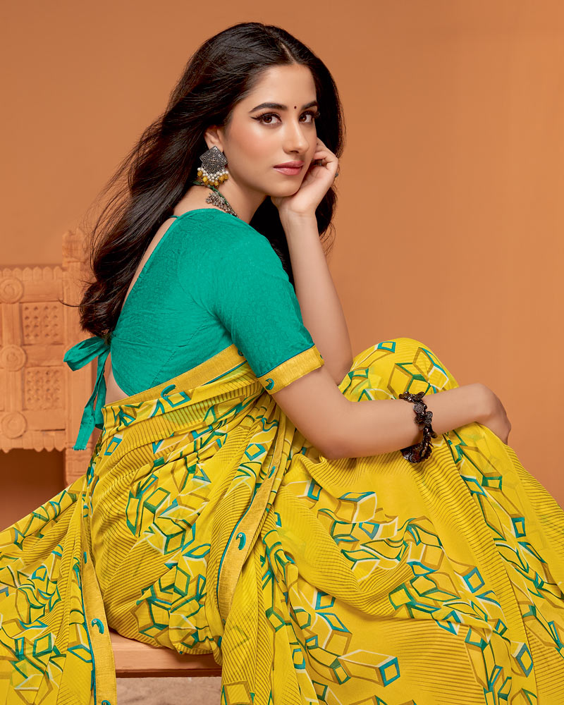 Vishal Prints Sunglow Yellow Printed Georgette Saree With Fancy Border