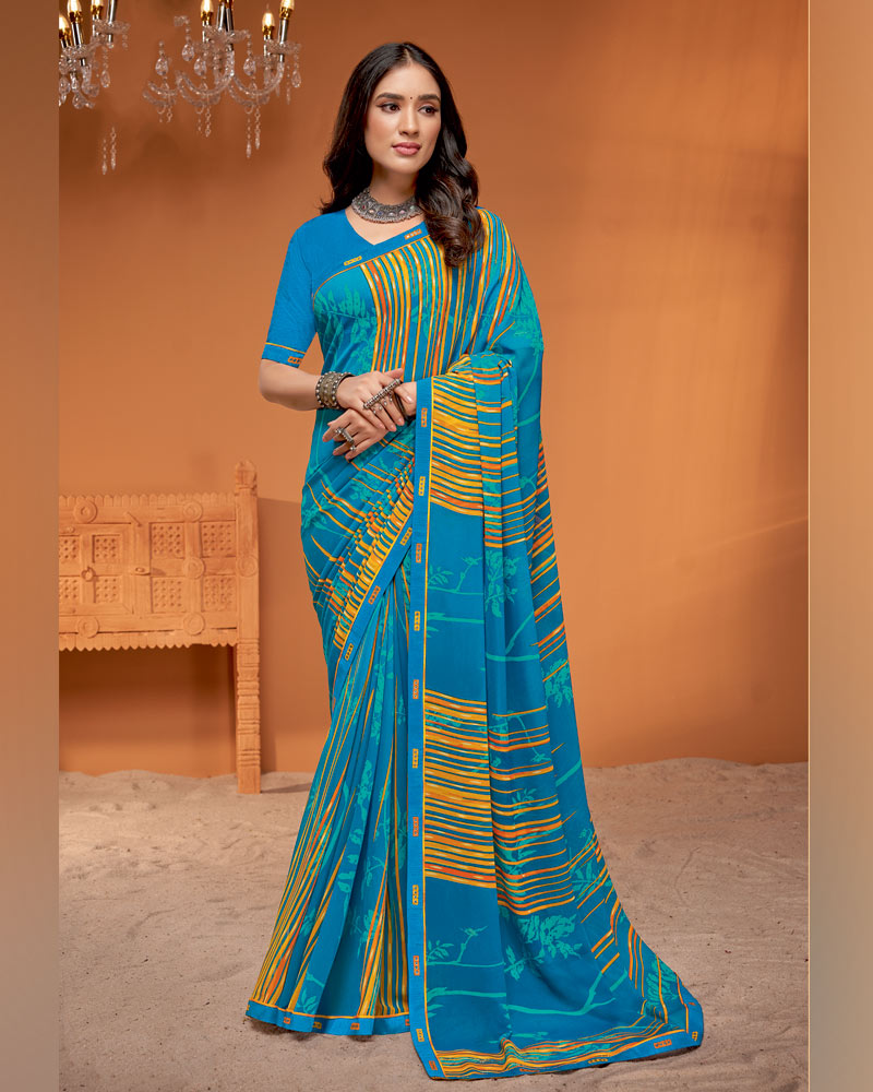 Vishal Prints French Blue Printed Georgette Saree With Fancy Border