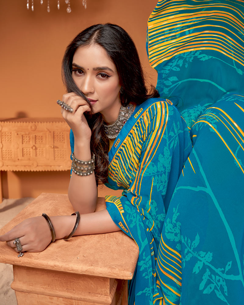 Vishal Prints French Blue Printed Georgette Saree With Fancy Border