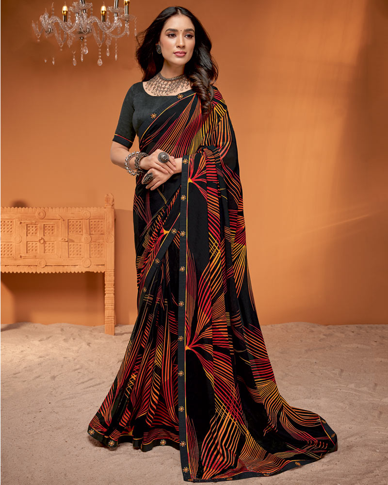 Vishal Prints Charcoal Black Printed Georgette Saree With Fancy Border