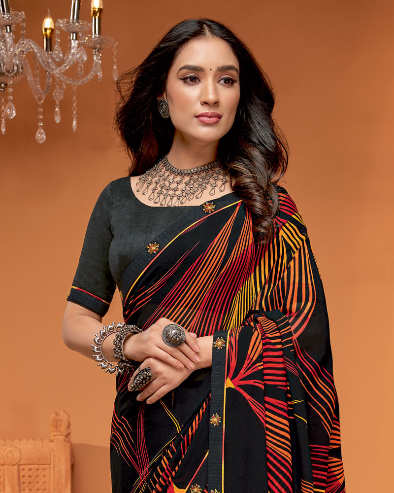 Vishal Prints Charcoal Black Printed Georgette Saree With Fancy Border