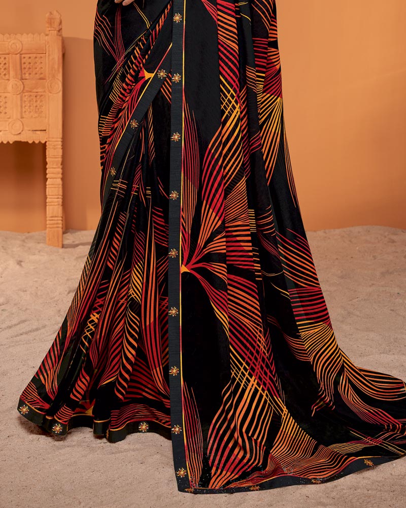 Vishal Prints Charcoal Black Printed Georgette Saree With Fancy Border