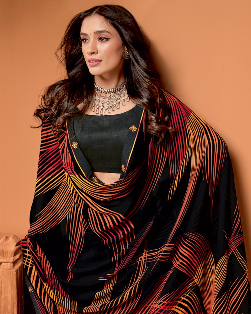 Vishal Prints Charcoal Black Printed Georgette Saree With Fancy Border
