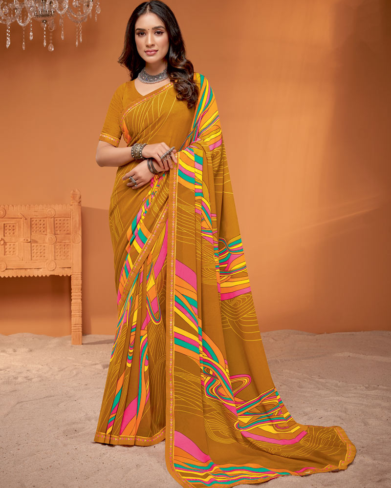 Vishal Prints Brownish Orange Printed Georgette Saree With Fancy Border