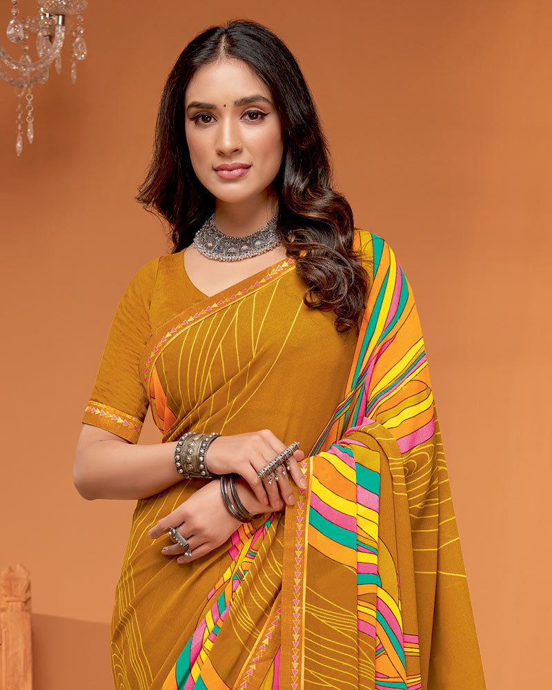 Vishal Prints Brownish Orange Printed Georgette Saree With Fancy Border