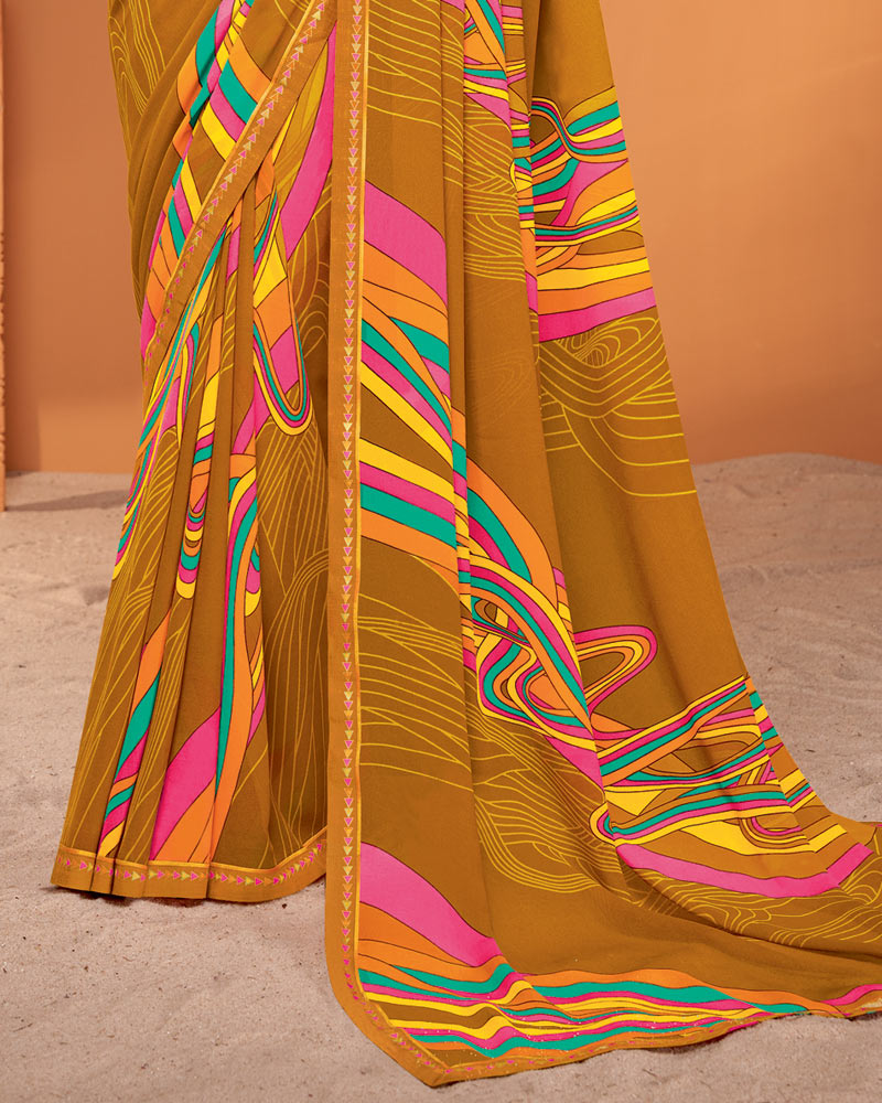 Vishal Prints Brownish Orange Printed Georgette Saree With Fancy Border