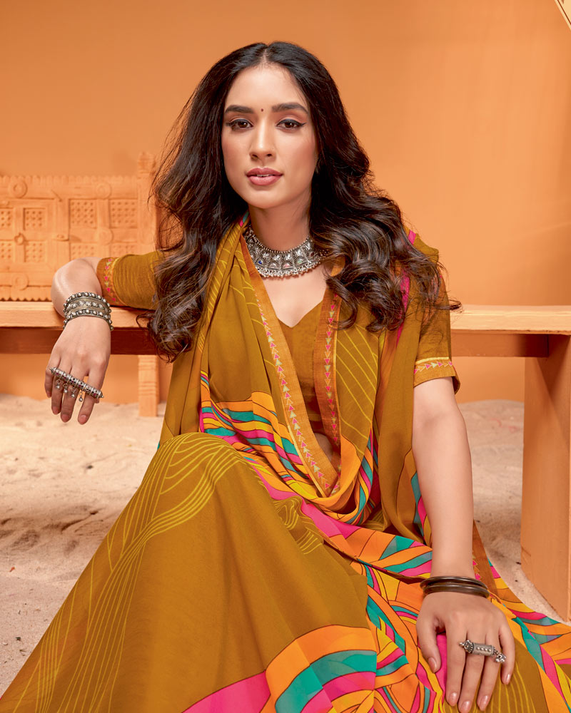 Vishal Prints Brownish Orange Printed Georgette Saree With Fancy Border