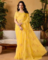 Indian Yellow Designer Fancy Chiffon Saree With Embroidery-Diamond Work And Cut Work Border